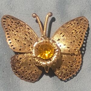 Gold Butterfly Brooch with Yellow Gem